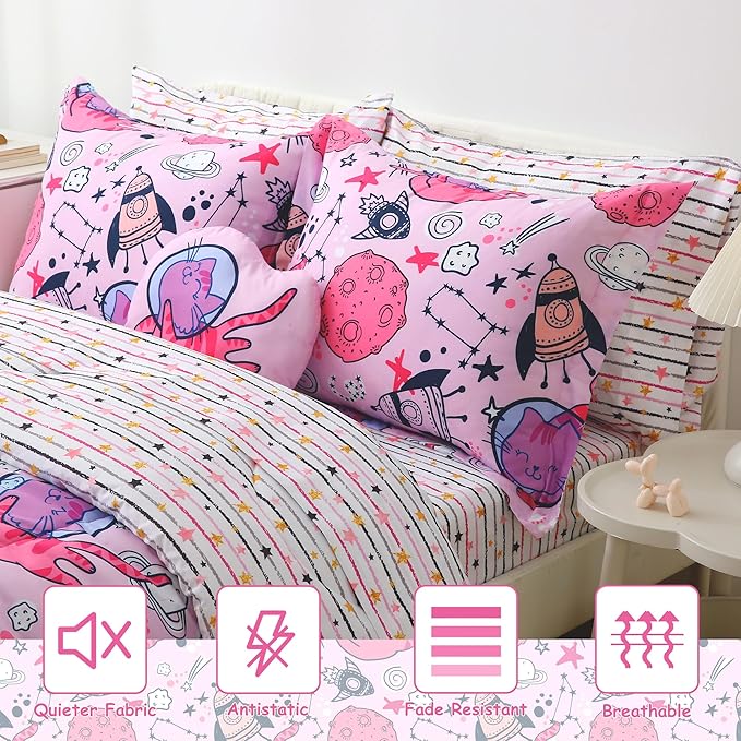 Mooreeke Kids Full Comforter Sets for Girls 8 Pieces Cute Space Cat Bedding Set for Teens Microfiber Pink Kids Bed in A Bag with Comforter, Sheet Set, Shams and Decorative Toy Pillow All Season