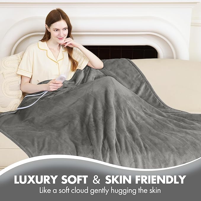Electric Heated Blanket Full Size 72" x 84" - Fluffy Ultra Soft Flannel Electric Lap Blanket with 6 Heating Levels & 10 Hours Adjustable Timer, Fast Heating and Washable for Office (Grey)