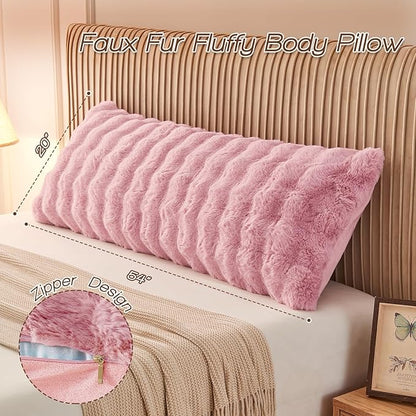 YZ HOME Faux Fur Fluffy Body Pillow for Adults - Firm Body Pillow Insert with Shredded Blue Memory Foam, Adjustable Height, Soft Support for Side Sleeping, Pregnant Women, Washable, 20x54 Inch (Pink)