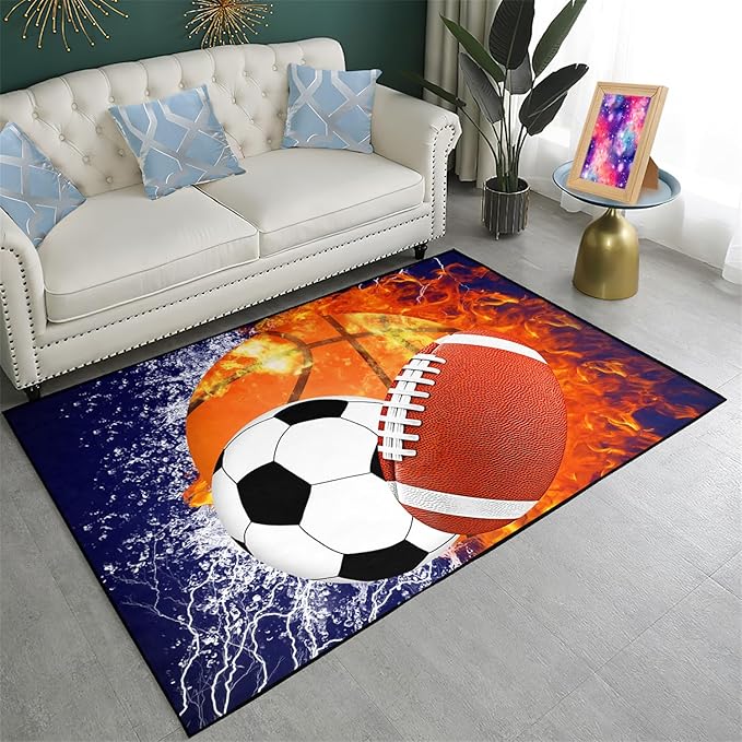 Sports Rugs for Boys Bedroom - Football & Soccer, Baseball,Basketball Rug for Boys Bedroom Sports Themed Water Flame Design Kids Carpet for Playroom Living Room Floor Mats, 2x3 Feet