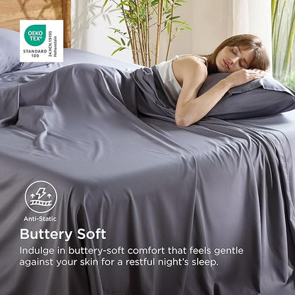 Bedsure King Size Sheets Set, Cooling Sheets for Hot Sleepers, Rayon Derived from Bamboo, Breathable & Soft, Deep Pocket Up to 16 Inches, Hotel Luxury Silky Bedding, Dark Grey