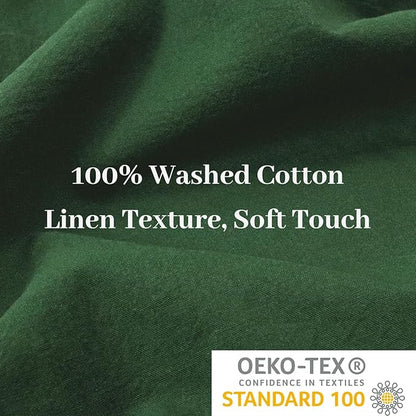 NEXHOME PRO Duvet Cover Set Oversized Queen 92"x98" Linen Look Textured Organic Natural 100% Washed Cotton Duvet Cover 3 Pieces Bedding Set Zipper Closure, Breathable, Forest Green(No Comforter)