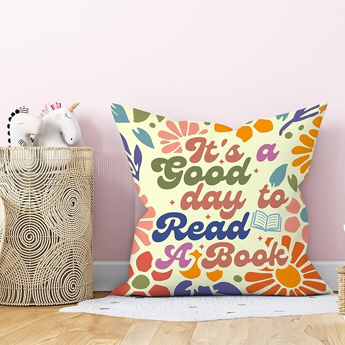 It's A Good Day to Read A Book Classroom Decorative Throw Pillow Covers, Floral Reading Pillows Covers for Kids, Flower Retro Pillow Cases Decor for Library Reading Nook Corner Couch 18x18in