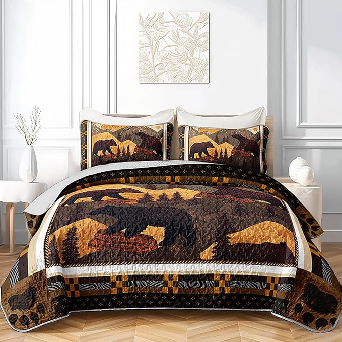 AILONEN Rustic Bear Twin Size Quilt Set,Wild Animal Hunting Themed Bedspread Coverlet + 2 Pillowcases,3-Piece Woodland Brown Bear Bed Cover for Boys Girls