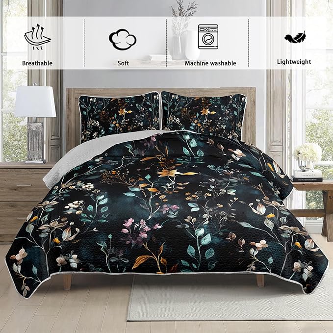 Floral Quilt Set Full Size,3 Pieces Flower Parrten Bed Sets,Garden Style Soft Lightweight Bedding Set with 2 Pillowcases,Colorful Bedding for Adults Kids.