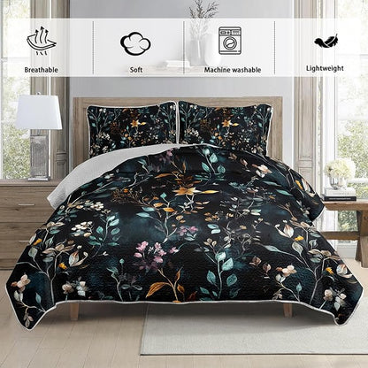 Floral Quilt Set Twin Size,3 Pieces Flower Parrten Bed Sets,Garden Style Soft Lightweight Bedding Set with 2 Pillowcases,Colorful Bedding for Adults Kids.