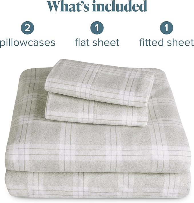 Bare Home Cotton Flannel Sheet Set Prints, 100% Cotton, Velvety Soft Heavyweight - Double Brushed for Softness & Comfort - Deep Pocket - Bed Sheet (King, Checkered Plaid - Light Grey)