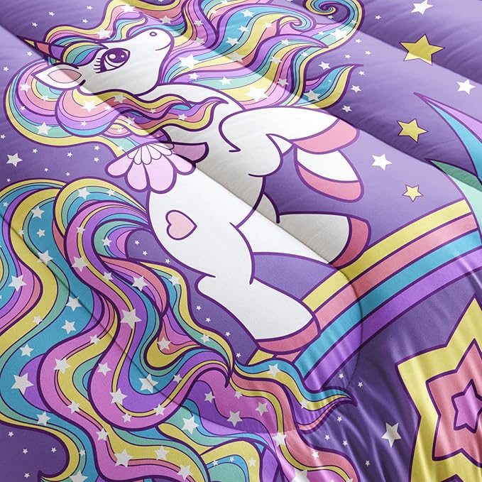 QOOMO Unicorn Comforter Twin Size,Rainbow Unicorn Comforter Set for Kids Teens Girls,3Pcs Bedding Set Printed Comforter with 2 Pillowcases,Down Alternative,Soft and Lightweight，Twin Size
