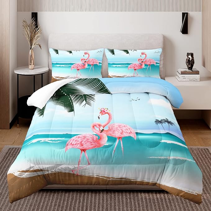 HOSIMA Ocean Beach Comforter Set,Fashion Flamingo Bedding Summer Seaside Nature Scenery Vacation Style Room Decor,Tropical Plants Palm Leaves Queen Comforter Set for Boys Women Girls Teens.