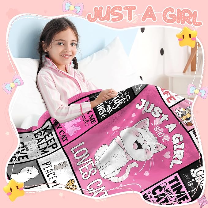 Just A Girl Who Love Cat Blanket for Girls, Cat Lover Gifts for Girls Women, Cats Gifts for Birthday Christmas, Cute Soft Warm Blanket 60" X 50" for Sleep Nap