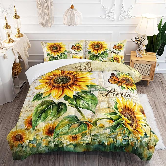 Yellow Sunflowers Comforter 3Pcs Queen Butterfly Rustic Floral Pattern Bedding Set for Kid Teen Girl Boy Adult Room Decor Paris Eiffel Tower Postmark Quilt with 1 Comforter and 2 Pillowcases