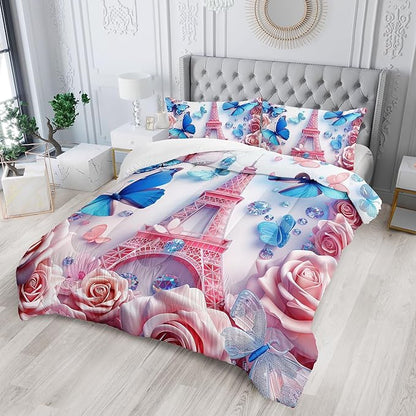 Paris Eiffel Tower Comforter 3Pcs Blue Butterfly Bedding Queen Rose Flower Bedding Set for Kid Teen Girl Boy Adult Bed Decor Colorful Diamonds Quilt with 1 Comforter and 2 Pillowcases