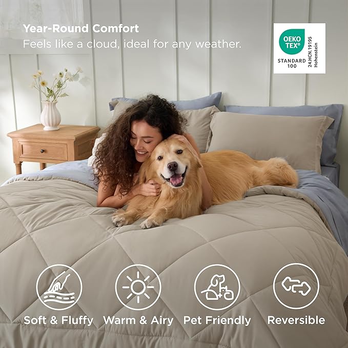 Bedsure California King Comforter Set - 7 Pieces Reversible Beige Bedding, California King Size Bed Set for All Seasons, Bed in a Bag with Down Alternative Comforter, Sheets, Pillowcases & Shams