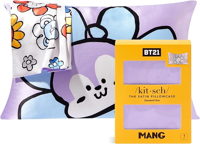 Kitsch x BT21 Satin Pillowcase with Zipper – Better Than Silk Pillowcase, Mang Character & Funky Floral Print – Soft Cooling Toddler Bed Time Pillow Case for Hair & Skin – Queen/Standard 19x26