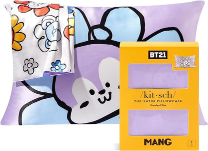 Kitsch x BT21 Satin Pillowcase with Zipper – Better Than Silk Pillowcase, Mang Character & Funky Floral Print – Soft Cooling Toddler Bed Time Pillow Case for Hair & Skin – Queen/Standard 19x26