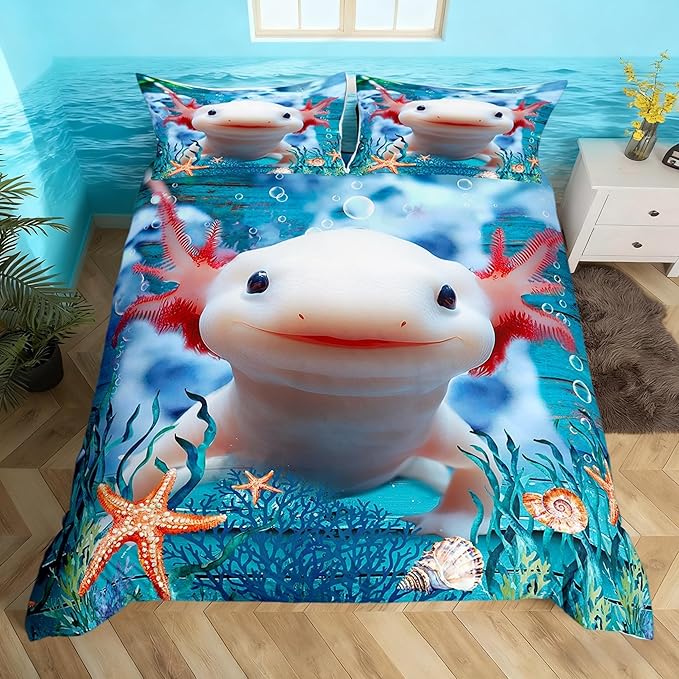 Cute Axolotl Duvet Cover Set King Size,Seaweed Coral Conch Comforter Cover with 2 Pillowcases Bedspread,Sea Creatures Theme Microfiber Quilt Cover for Adult Women, 3 Pieces