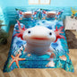 Cute Axolotl Duvet Cover Set King Size,Seaweed Coral Conch Comforter Cover with 2 Pillowcases Bedspread,Sea Creatures Theme Microfiber Quilt Cover for Adult Women, 3 Pieces