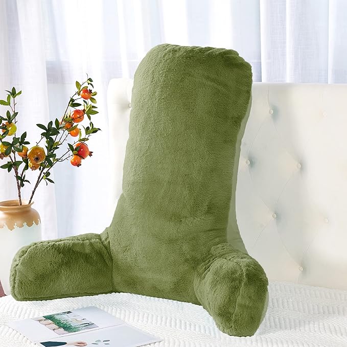 Faux Fur Assembly Need DIY Extra Large Backrest Reading Bed Rest Pillow with Arms and Pockets for Sitting in Bed Couch Sofa, Removable Cover & Filling Seprated, 28" x 30" x17", Moss Green