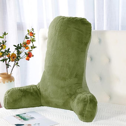 Faux Fur Assembly Need DIY Extra Large Backrest Reading Bed Rest Pillow with Arms and Pockets for Sitting in Bed Couch Sofa, Removable Cover & Filling Seprated, 28" x 30" x17", Moss Green
