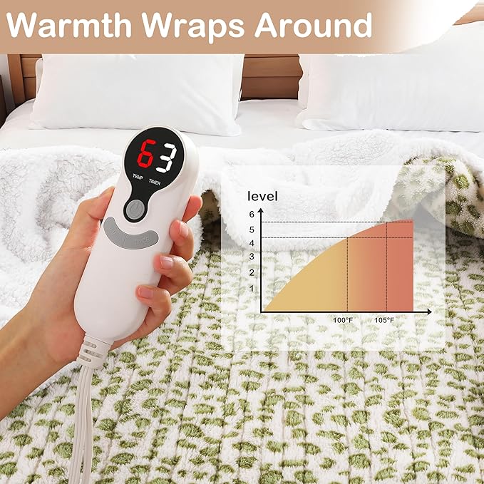 Electric Heated Blanket Throw 50"×60" with 6 Heating Levels &3 Hours Auto Off, Heating Double Sided Plush Sherpa, Fast Heating, Machine Washable Leopard Print Green & White