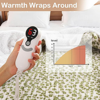 Electric Heated Blanket Full Size 72"×84" with 6 Heating Levels &10Hs Auto Off, Heating Double Sided Plush Sherpa, Fast Heating, Machine Washable Leopard Print Green & White