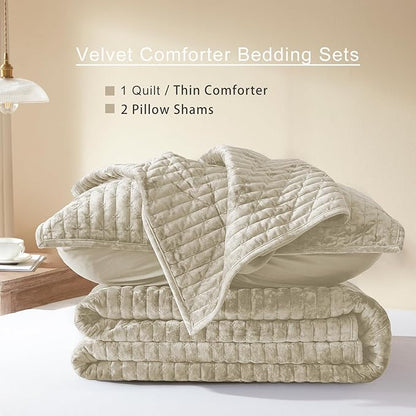 LEAONME Velvet Quilt Set Full/Queen Size 90''x98'', Lightweight Beige Velvet Comforter Set with 2 Matching Shams, Soft Cross Stitch Bedspread Coverlet Bedding Set for All Season