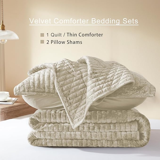LEAONME Velvet Quilt California King Size 118''x106'', Lightweight Beige Velvet Comforter Set with 2 Matching Shams, Soft Cross Stitch Bedspread, Oversized King Quilt Set for All Season