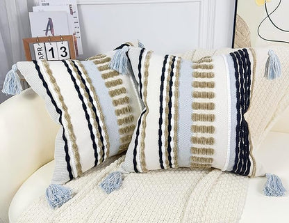 Boho Throw Pillow Covers 18x18 Aesthetic Neutral Boucle Couch Pillow Cover Rainbow Striped Decorative Accent Pillow Case for Couch Bed Sofa Farmhouse Bedroom,Modern Funky,Set of 2 Khaki