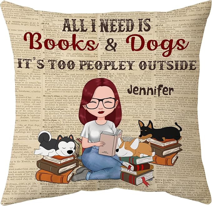 Hyturtle Personalized Book Lover Throw Pillow (Insert Included) Gifts for Girl Women Book Club on Birthday Valentines Day - Books & Dogs Custom Name Sofa Decoration Couch Cushion Home Decor Pillow