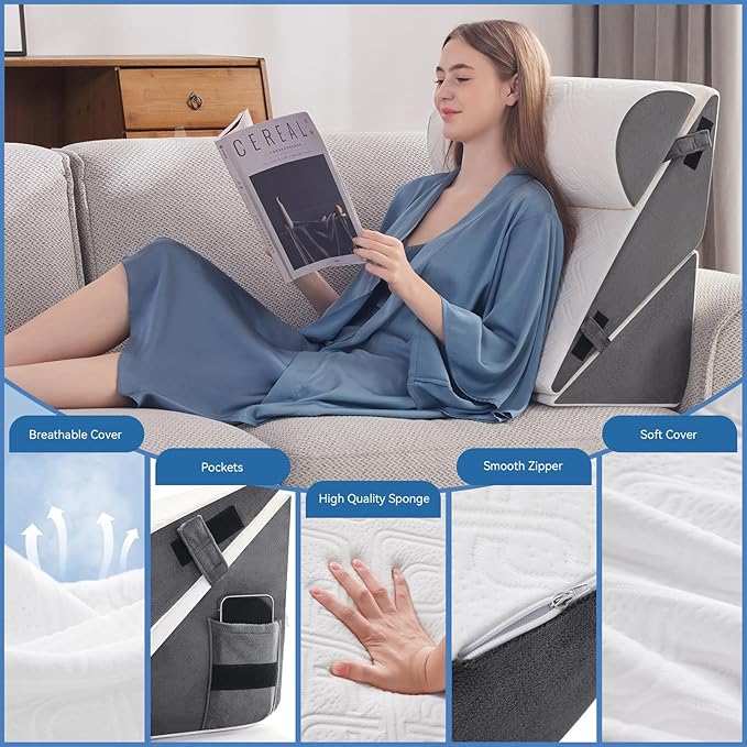 Wedge Pillow Set for After Surgery, 3 PCS Bed Wedge Pillow for Sleeping, Memory Foam Orthopedic Back Pillow for Pain Relief and Acid Reflux, Adjustable Post Surgery Pillow Grey