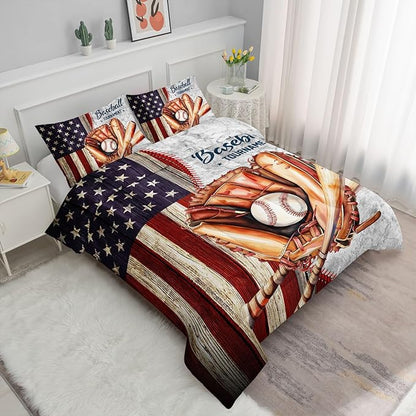 Kids Comforter Set American Flag Baseball Printed Pattern Bedding Set with 1 Comforter and 2 Pillowcases for Girls Boys Bedroom All Season(C-American Flag Baseball02 Full)
