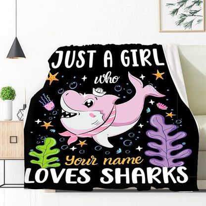 Custom Just A Girl Who Loves Sharks Blankets Gifts for Kids Adult On Bed Sofa,Personalized Premium Flannel Blankets for Birthday Christmas Thanksgiving All Season Use 40''x 50'' -S
