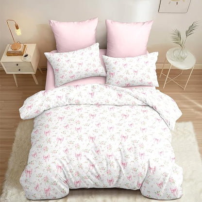 Bow Duvet Cover Queen Size Girls Pink Floral Duvet Cover Set Princess Style Bowknot Bedding Set Ultra Soft Reversible Garden Flower Bedding Set 3Pcs