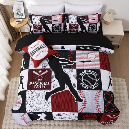 A Nice Night Sports Geometric Grid Black Patchwork Baseball Printed for Boys Twin 6Pcs Bed in A Bag Comforter Bedding Set, Red