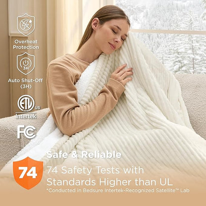 Bedsure GentleSoft Heated Blanket Electric Throw - Soft Ribbed Flannel Electric Blanket, Heating with 4 Time Settings, 6 Heat Settings, and 3 hrs Timer Auto Shut Off (50x60 inches, Coconut White)