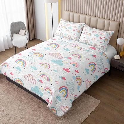 QOOMO Rainbow Quilt Set King Size,Clouds Bedspread Coverlet Set,Colorful Rainbow 3Pcs Bedding Set Printed Quilt with 2 Pillowcases,Soft and Lightweight,for All Seasons