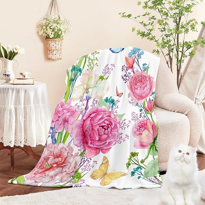 Floral Throw Blanket Birthday for Mom Women Watercolor Flowers Blanket Soft Fuzzy Flannel Bed Blanket Plush Floral Throw for Couch Sofa Bed Chair 50"x60"