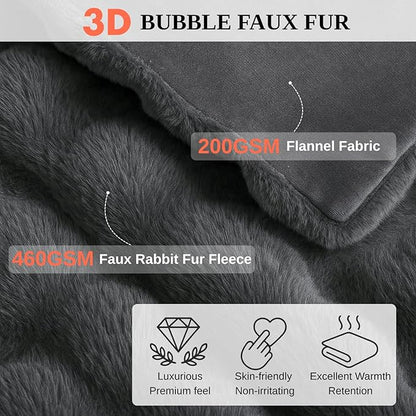 Electric Heated Blanket Throw 50"x60" Grey Ultra Soft Luxury Fluffy Faux Rabbit Fur Machine Washable 6 Heat Settings 4 Hours Auto Off Overheat Protection for Home Office Use