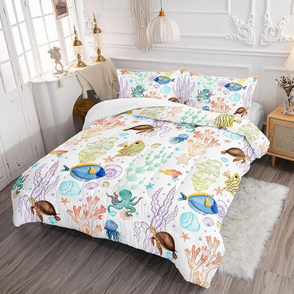 Turtle Comforter Set Full Ocean Watercolor Sea Turtle Bedding Set Tropical Fish Marine Life Bed Set with 2 Pillowcases for Kids Room Decor
