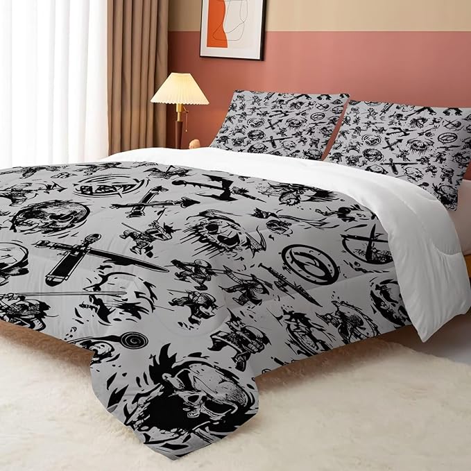 Grey Gaming Comforter Set Full: Pirates Skull Bedding Set for Boys Kids Men Teen Bed Bedroom Dorm Nautical Samurai Ninjas Quilt 1 Comforter + 2 Pillow Cases