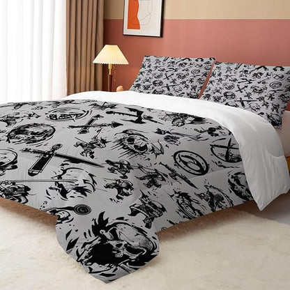 Grey Gaming Comforter Set Full: Pirates Skull Bedding Set for Boys Kids Men Teen Bed Bedroom Dorm Nautical Samurai Ninjas Quilt 1 Comforter + 2 Pillow Cases