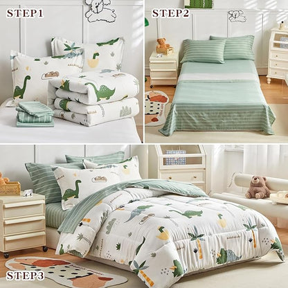 Joyreap Bed in a Bag Cotton, Dinosaur Theme Fresh Green, Queen Size 7-Piece Cotton Bedding Comforter Set for Kids Boys n Girls- 1 Comforter, 2 Pillow Shams, 1 Flat Sheet, 1 Fitted Sheet, 2 Pillowcases