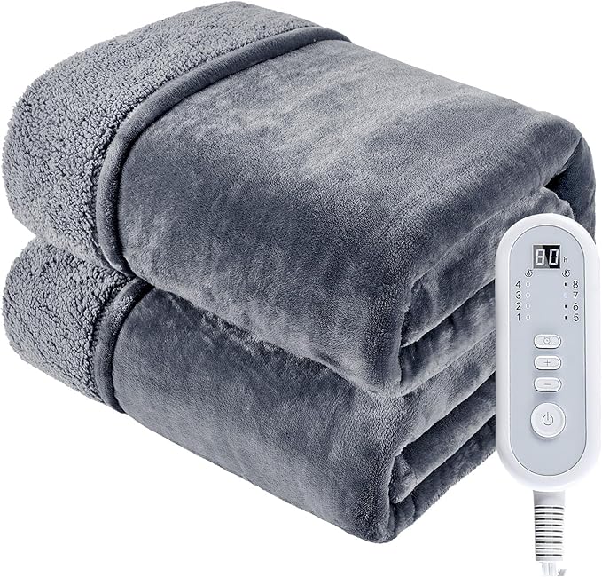 Heated Blanket Twin, Electric Blanket Soft Sherpa Flannel, 10 Hours Auto Shut-off & 8 Fast Heating Levels, Machine Washable ETL Certified, Heating Blanket for Bed & Sofa (62x84 inches, Gray)