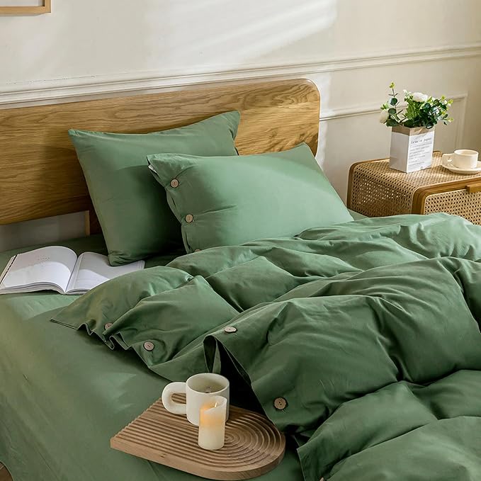 JELLYMONI Cotton Duvet Cover Twin XL Size - Green Comforter Cover with Button 100% Washed Cotton 2PCS Breathable Soft Solid Bedding Set Duvet Cover 66×92in & 1 Pillowcase (NO Comforter)