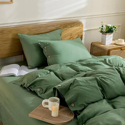 JELLYMONI Cotton Duvet Cover Full Size - Green Comforter Cover with Button 100% Washed Cotton 3PCS Breathable Soft Solid Bedding Set Duvet Cover 80×90in & 2 Pillowcases (NO Comforter)
