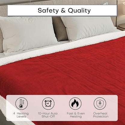 Electric Heated Blanket Twin Size 62"x84" - Dual-Sided with Microplush & Sherpa Fabric, 4 Heat Settings & 10 Hours Auto Off, Machine Washable - Red