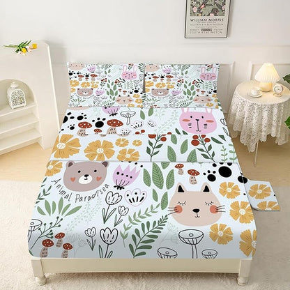 Cat Sheets Set: Floral Cat Bedding Set Full/Queen Size for Girls Teens Women Bedroom Flower Bed - 1 Flat Sheet, 1 Fitted Sheet, 2 Pillowcases