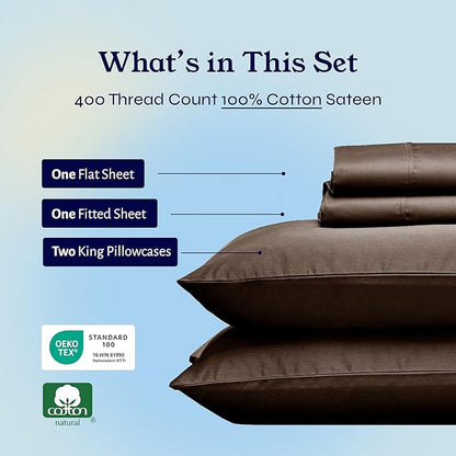 California Design Den Natural 100% Cotton King Size Sheets Set - Soft 400 Thread Count Sateen, Deep Pocket Bed Sheets, Breathable, and Durable Bedding Set - Espresso Chocolate Brown