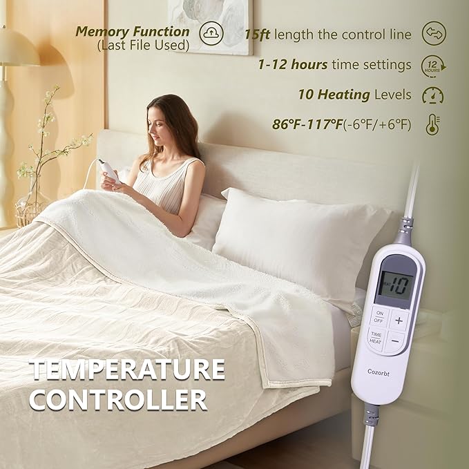Heat Blanket 72”x84” Full Size,Soft Flannel & Sherpa Reversible Electric Blanket with 10 Heat Settings,12 Timer Setting and 8 Hours Auto-Shut Off,ETL Certified Machine Washable,Ivory