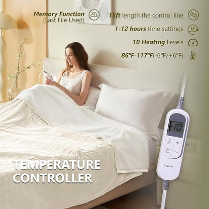 Heat Blanket 72”x84” Full Size,Soft Flannel & Sherpa Reversible Electric Blanket with 10 Heat Settings,12 Timer Setting and 8 Hours Auto-Shut Off,ETL Certified Machine Washable,Ivory
